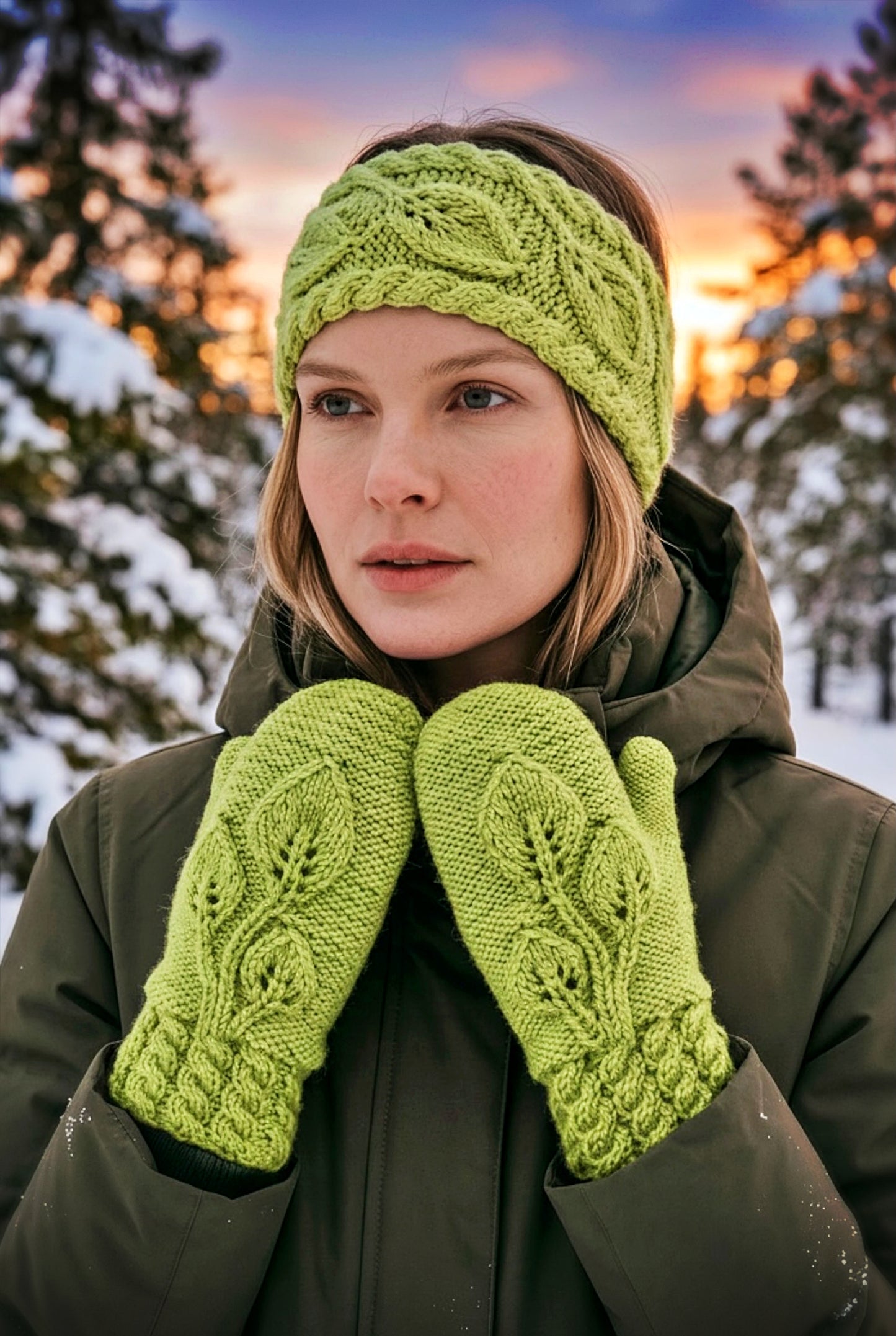 Woman wearing green knitted headband and mittens in a snowy landscape with sunset. headband and mitten knitting patterns