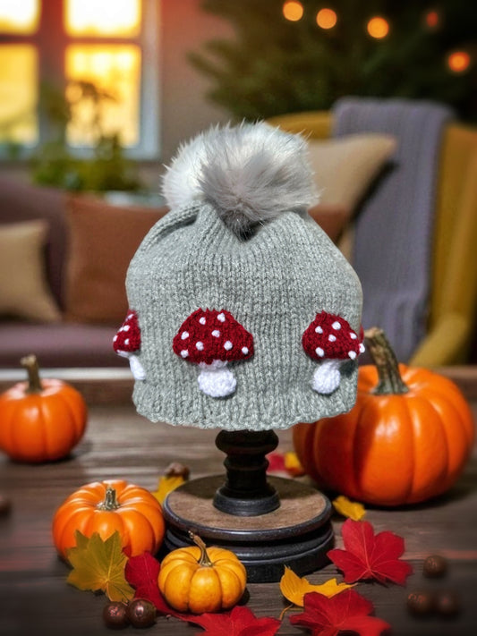 Mushroom Beanie Knitting Pattern – Cottagecore Winter Hat Knit Flat on 2 Needles with Video Tutorial - Fits Adults & Teens