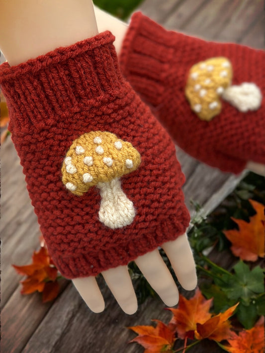 Mushroom Fingerless Gloves Knitting Pattern – Knit Flat with Written Instructions and Video Tutorial 🍄 English ONLY!