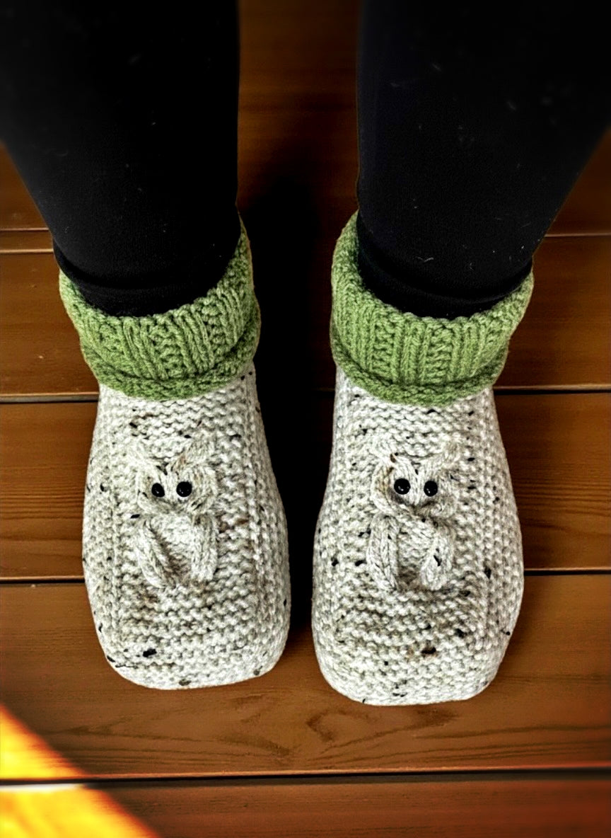 top view of owl cable knit slippers showing texture and stitch detail