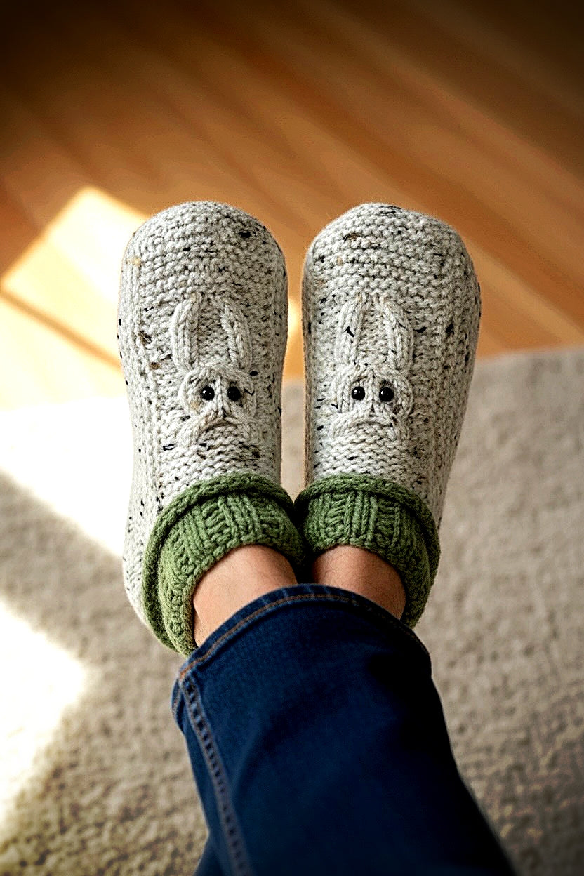 adult moccasin style knitted slippers with owl motif knit flat on straight needles
