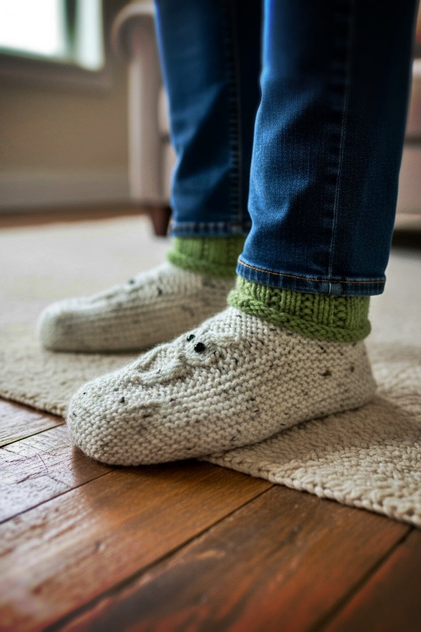 side view of knitted owl slippers cable pattern adult slipper design straight needles