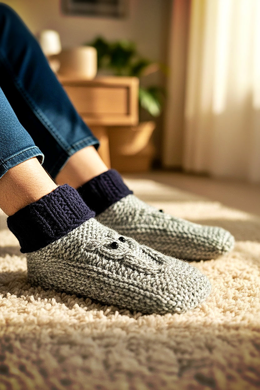 side view of knitted owl slippers cable pattern adult slipper design straight needles