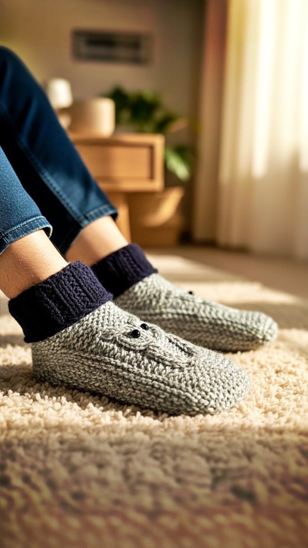side view of knitted owl slippers cable pattern adult slipper design straight needles