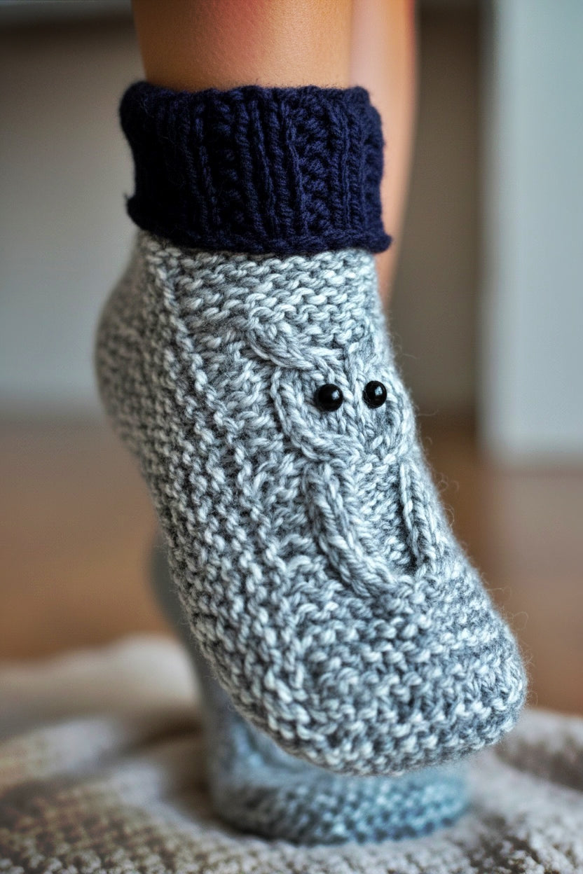 side view of knitted owl slippers cable pattern adult slipper design straight needles