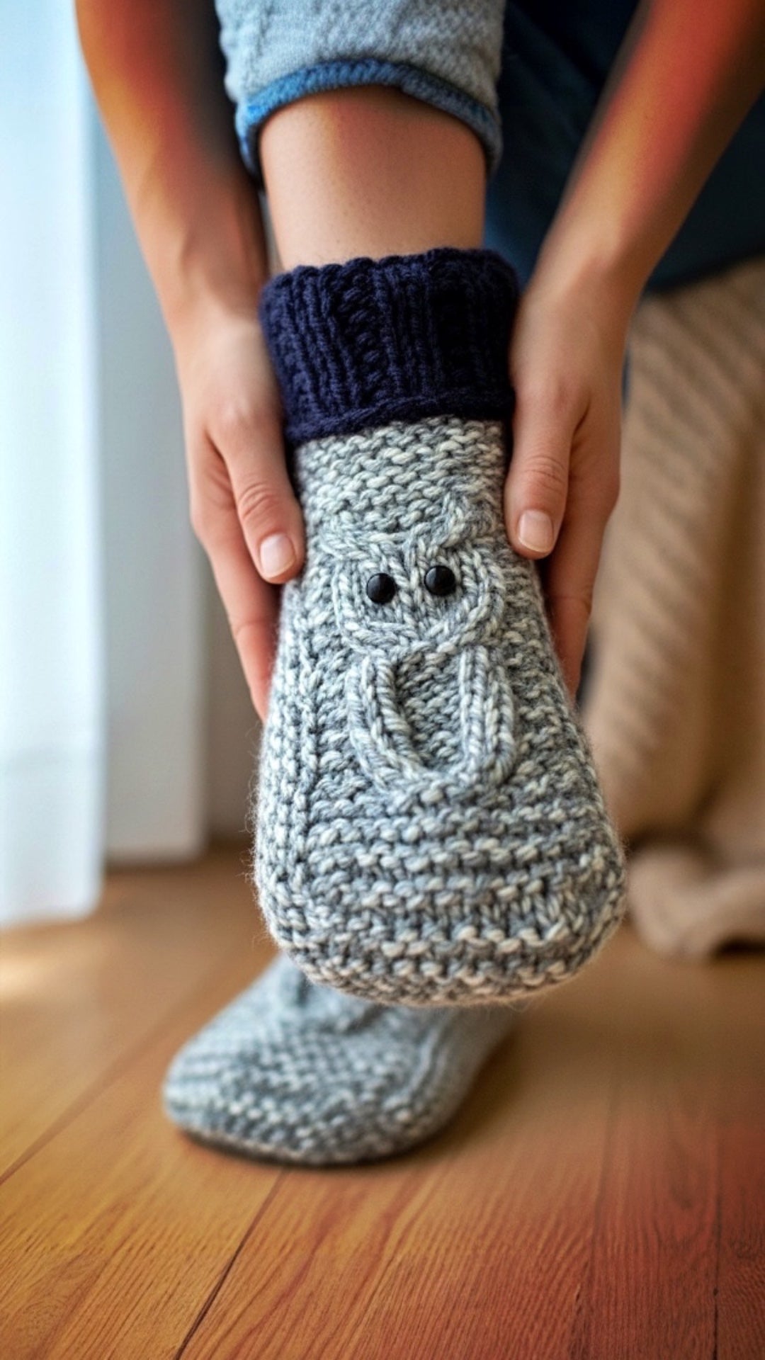 detailed stitch view of owl cable knitting pattern on slippers