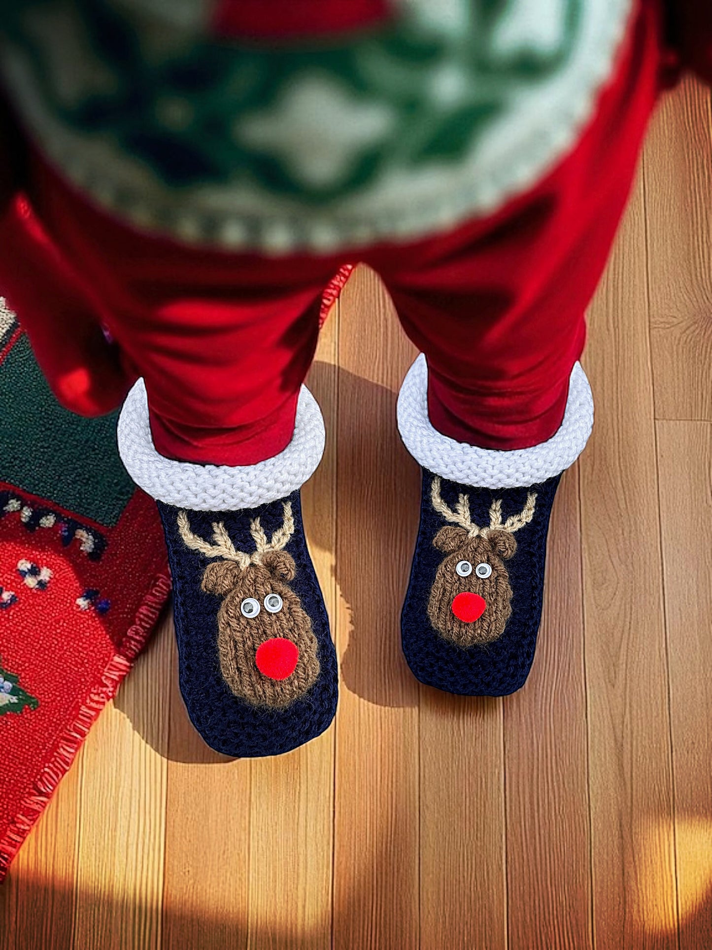 Christmas Reindeer Slippers Knitting Pattern – Sizes Child 7 to Adult 12, PDF Tutorial