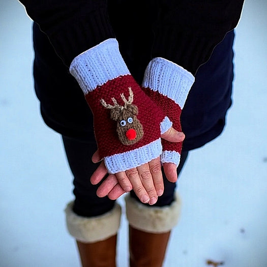Rudolph the Red Nosed Reindeer Fingerless Gloves - Printable PDF Knitting Pattern