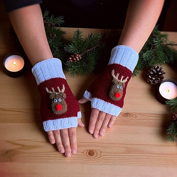 Rudolph the Red Nosed Reindeer Fingerless Gloves - Printable PDF Knitting Pattern