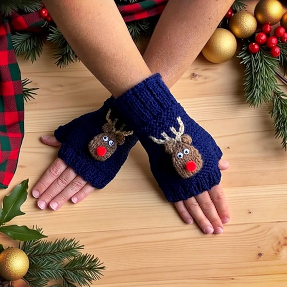 Rudolph the Red Nosed Reindeer Fingerless Gloves - Printable PDF Knitting Pattern