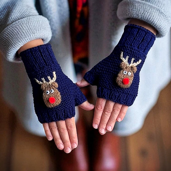 Rudolph the Red Nosed Reindeer Fingerless Gloves - Printable PDF Knitting Pattern