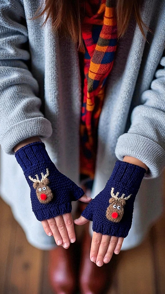 Rudolph the Red Nosed Reindeer Fingerless Gloves - Printable PDF Knitting Pattern