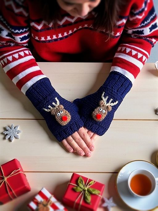 Rudolph the Red Nosed Reindeer Fingerless Gloves - Printable PDF Knitting Pattern