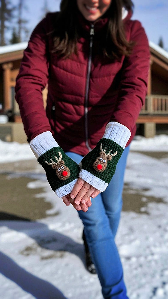 Rudolph the Red Nosed Reindeer Fingerless Gloves - Printable PDF Knitting Pattern