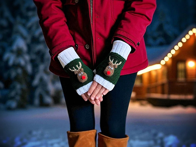 Rudolph the Red Nosed Reindeer Fingerless Gloves - Printable PDF Knitting Pattern