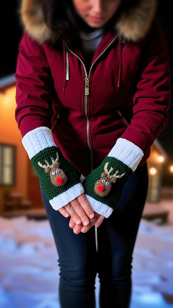 Rudolph the Red Nosed Reindeer Fingerless Gloves - Printable PDF Knitting Pattern