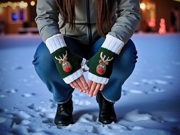 Rudolph the Red Nosed Reindeer Fingerless Gloves - Printable PDF Knitting Pattern