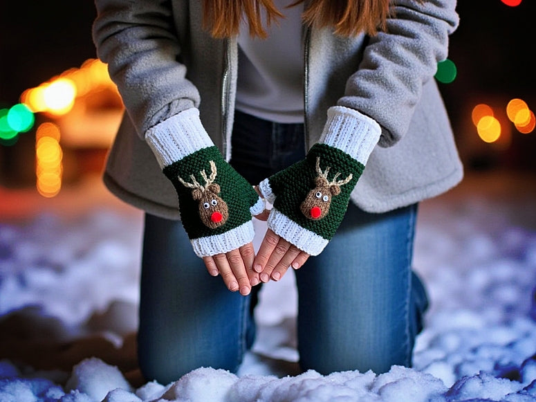 Rudolph the Red Nosed Reindeer Fingerless Gloves - Printable PDF Knitting Pattern