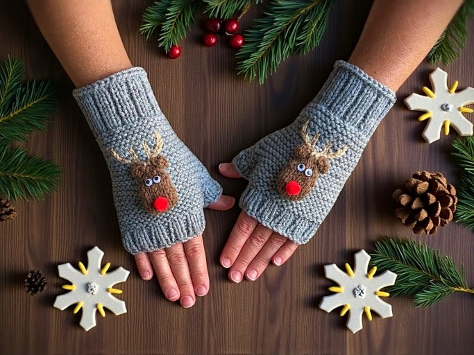 Rudolph the Red Nosed Reindeer Fingerless Gloves - Printable PDF Knitting Pattern