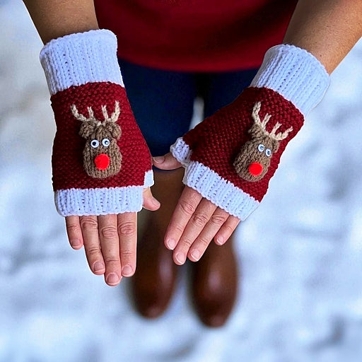 Rudolph the Red Nosed Reindeer Fingerless Gloves - Printable PDF Knitting Pattern