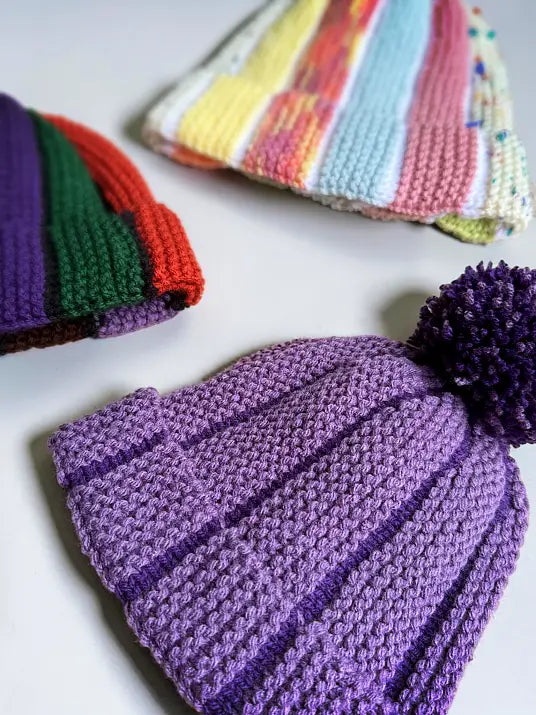Scrap Beanie Knitting Pattern PDF – 2 Hat Styles: Bobble Beanie & Fisherman Hat (Easy Knit Flat Beginner Pattern)