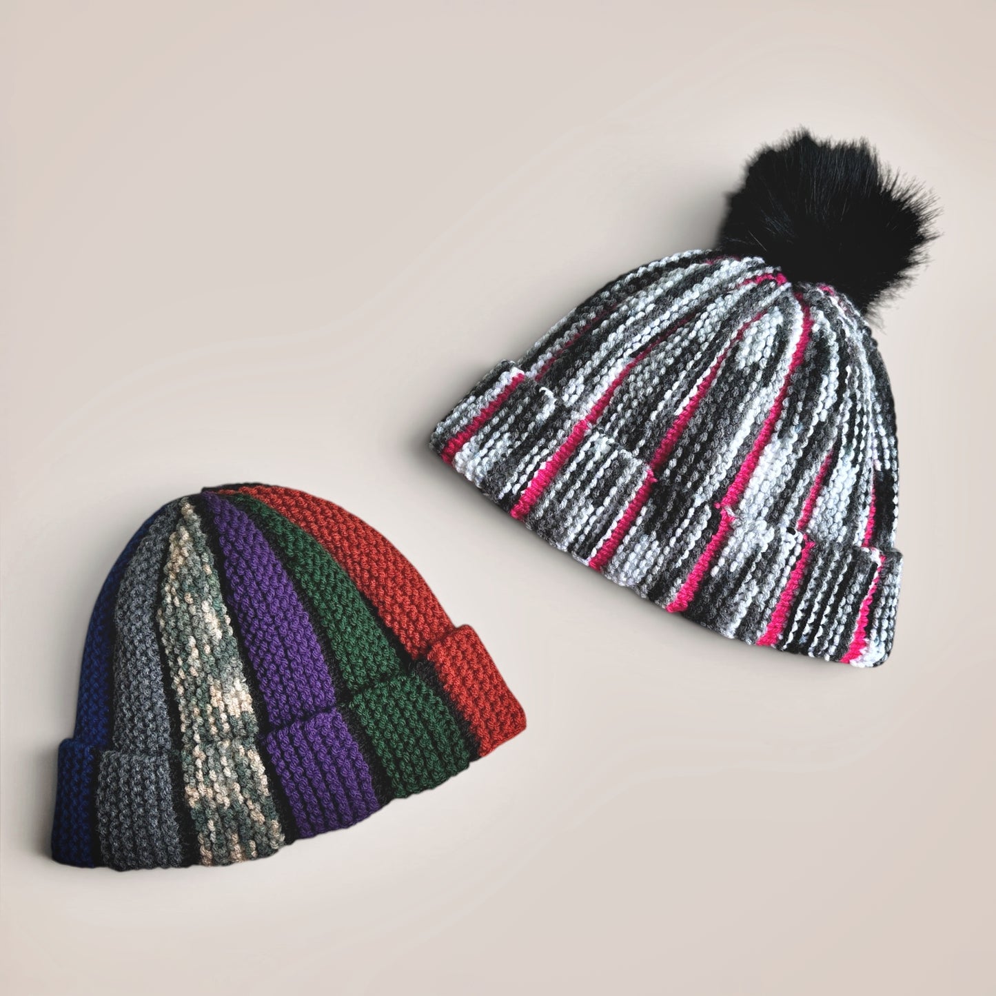 Scrap Beanie Knitting Pattern PDF – 2 Hat Styles: Bobble Beanie & Fisherman Hat (Easy Knit Flat Beginner Pattern)