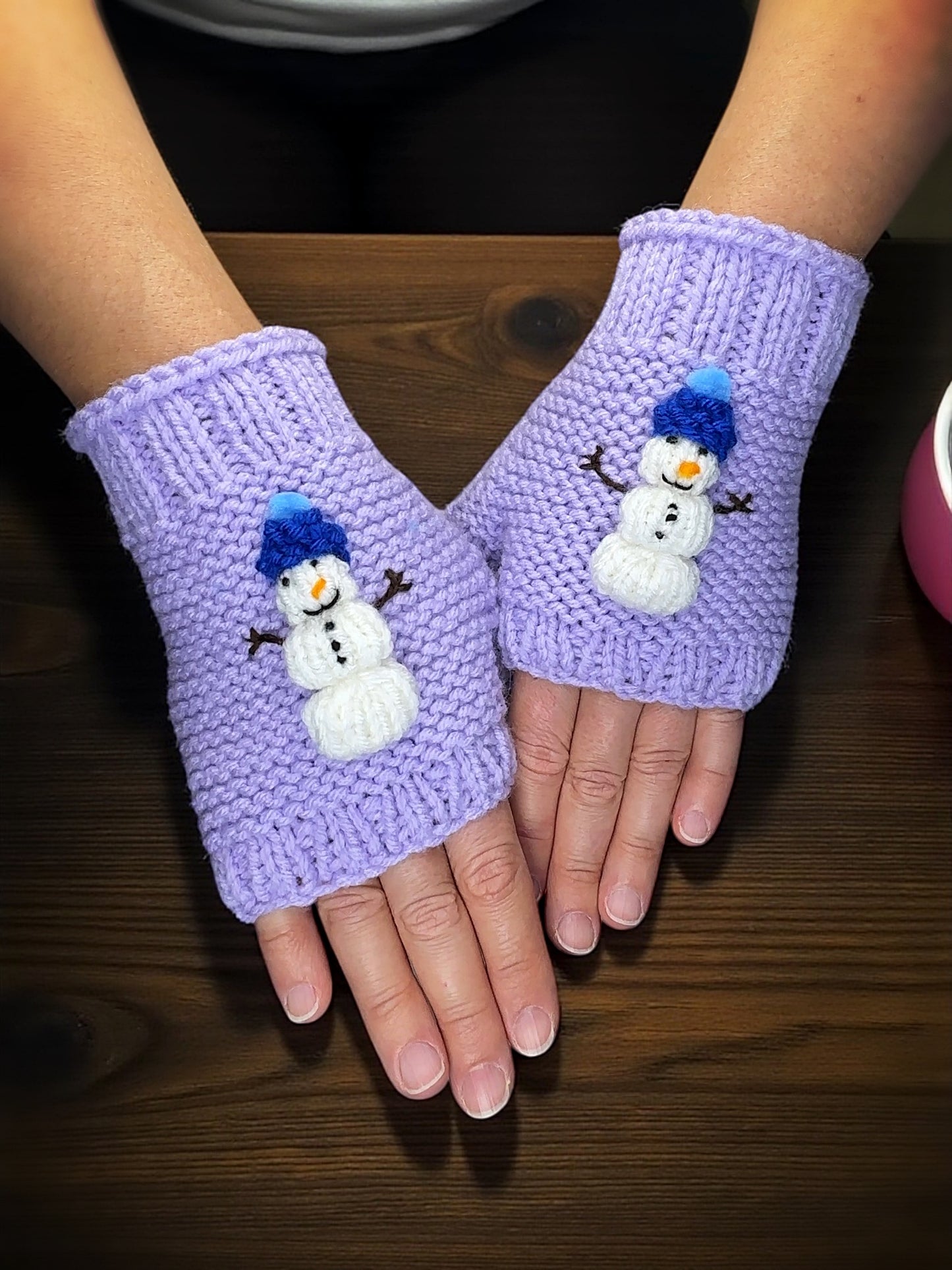 Christmas Snowman Fingerless Gloves Knitting Pattern | Winter Mitts Knit Flat on Straight Needles