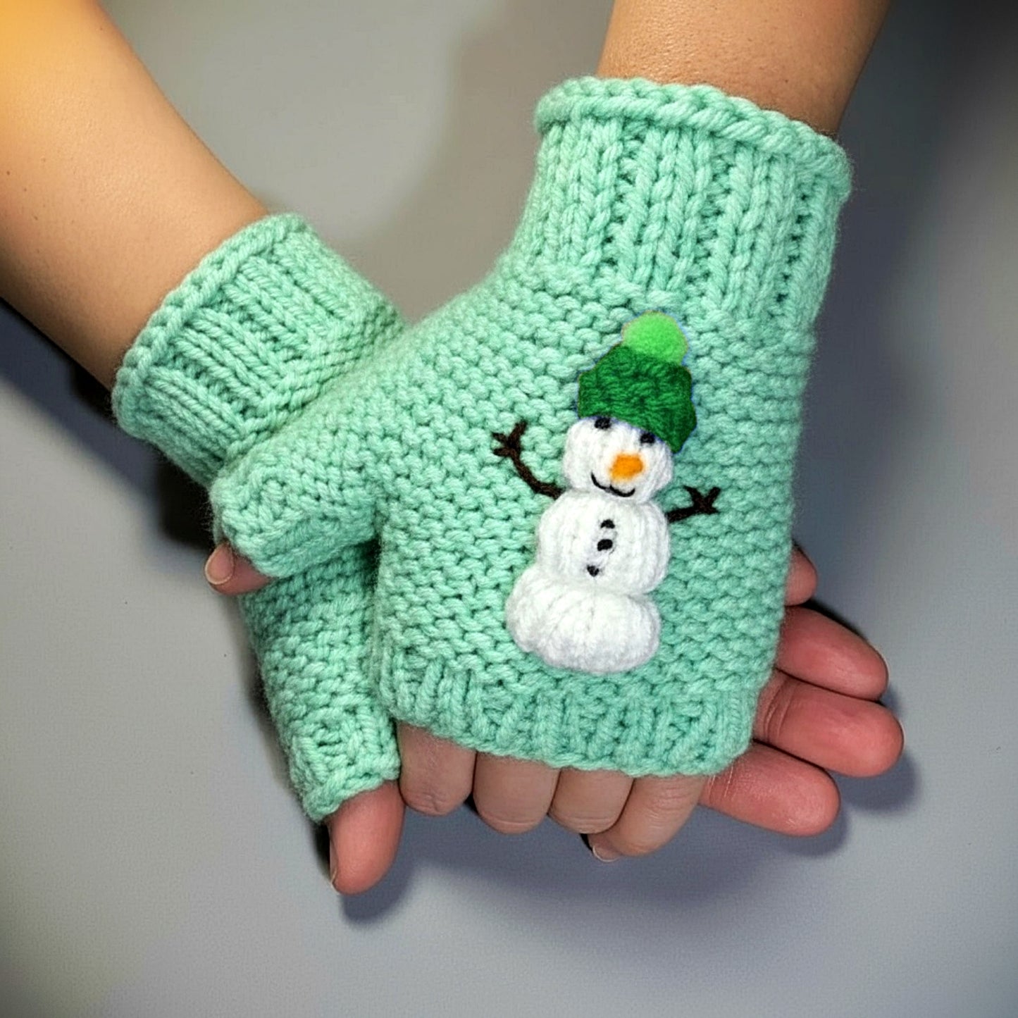 Christmas Snowman Fingerless Gloves Knitting Pattern | Winter Mitts Knit Flat on Straight Needles