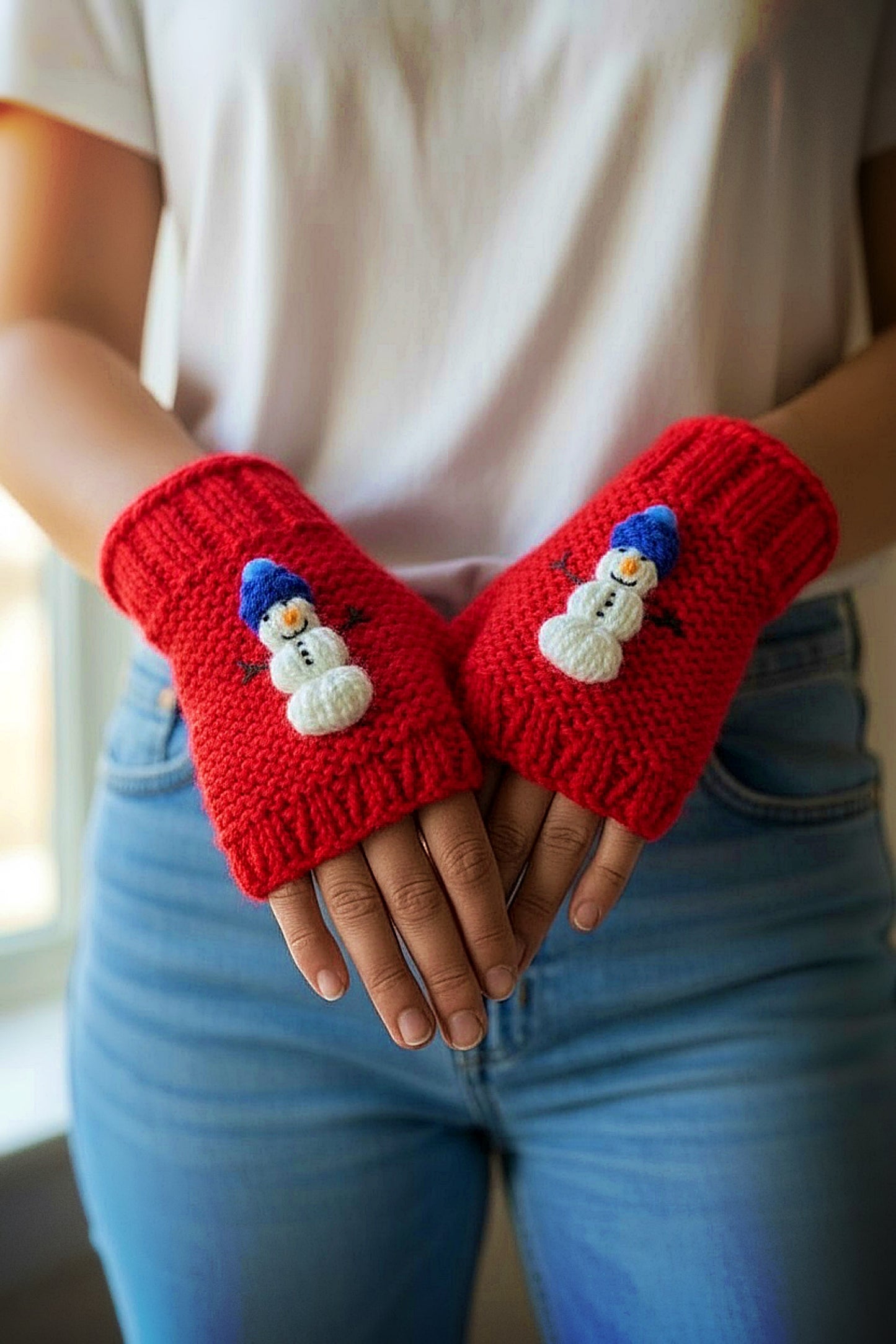 Christmas Snowman Fingerless Gloves Knitting Pattern | Winter Mitts Knit Flat on Straight Needles