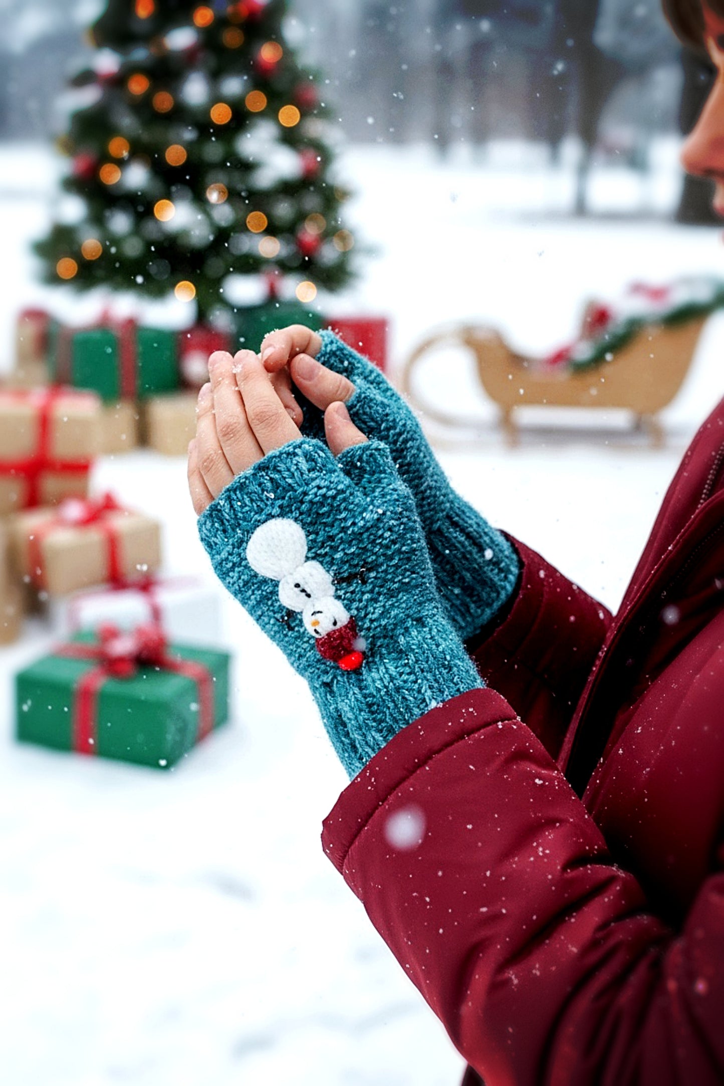 Christmas Snowman Fingerless Gloves Knitting Pattern | Winter Mitts Knit Flat on Straight Needles