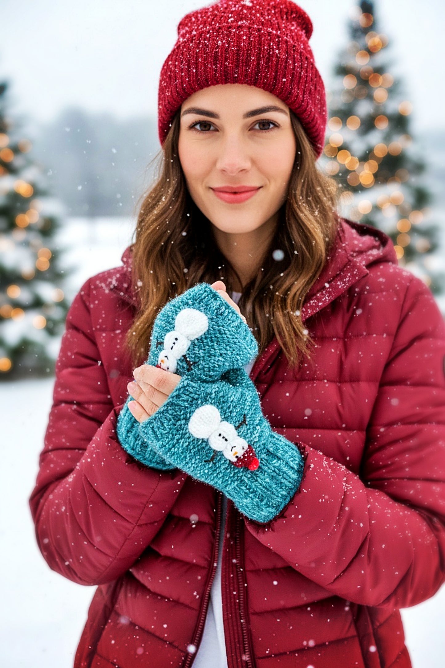 Christmas Snowman Fingerless Gloves Knitting Pattern | Winter Mitts Knit Flat on Straight Needles