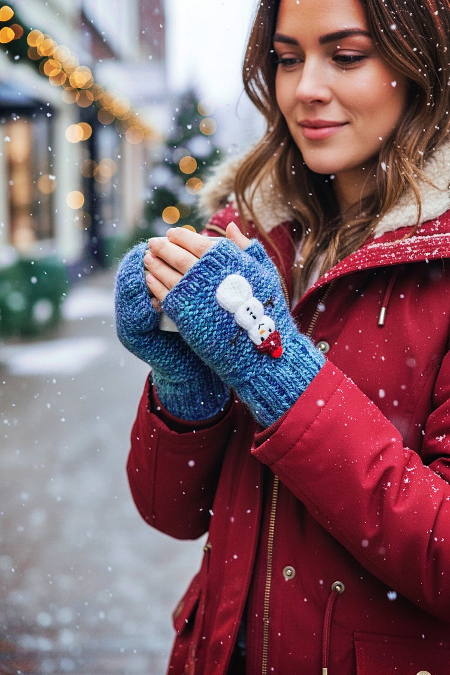 Christmas Snowman Fingerless Gloves Knitting Pattern | Winter Mitts Knit Flat on Straight Needles