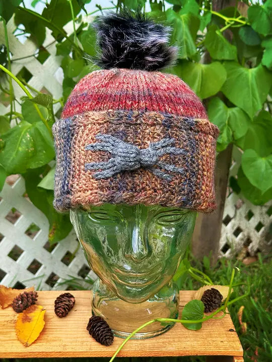 Spooky spider winter beanie knitted with worsted weight yarn