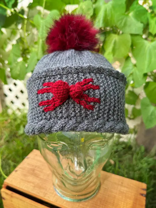 Spider beanie knitting pattern with spooky spider colourwork design