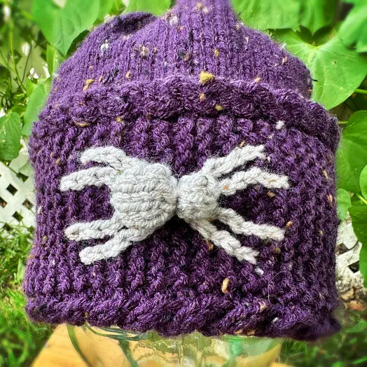 Spooky spider winter beanie knitted with worsted weight yarn