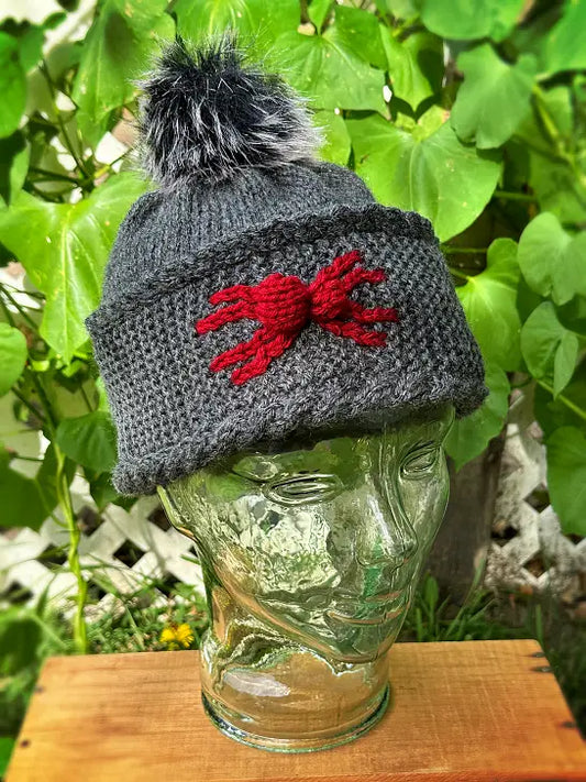 Spider beanie knitting pattern with spooky spider colourwork design