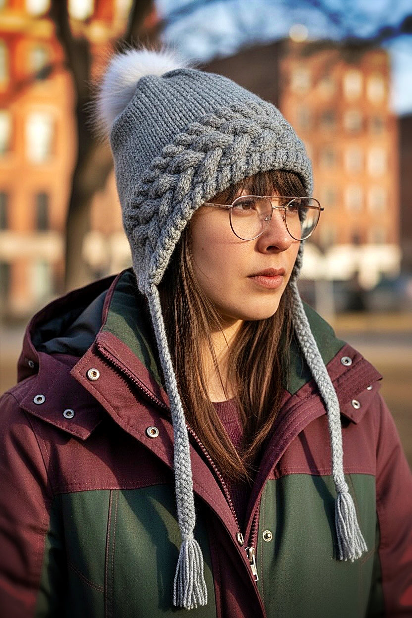 Adult cable beanie knitting pattern flat-knit winter hat with bobble